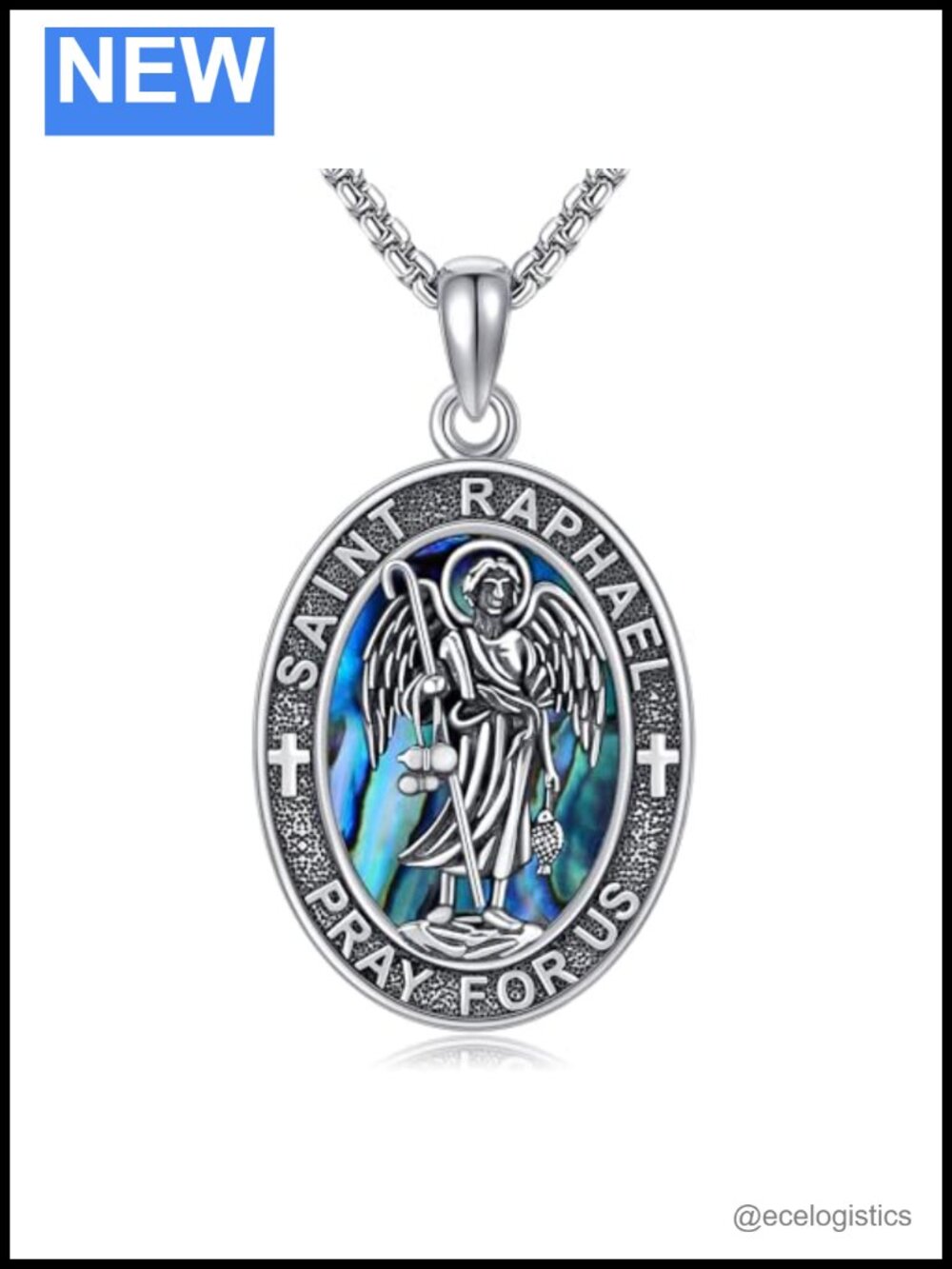 Saint Raphael Necklace 925 Sterling Silver Abalone Shell Wood Pendant
